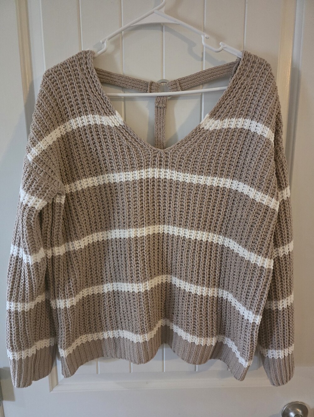 Love By Design Striped V-Neck Knit Sweater in Taupe and White NWOT M